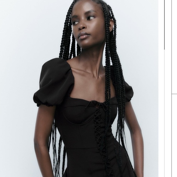 ZARA Black Puff Sleeve Corset Tie Criss Cross Mini Dress Cocktail MEDIUM NWT - Picture 4 of 11